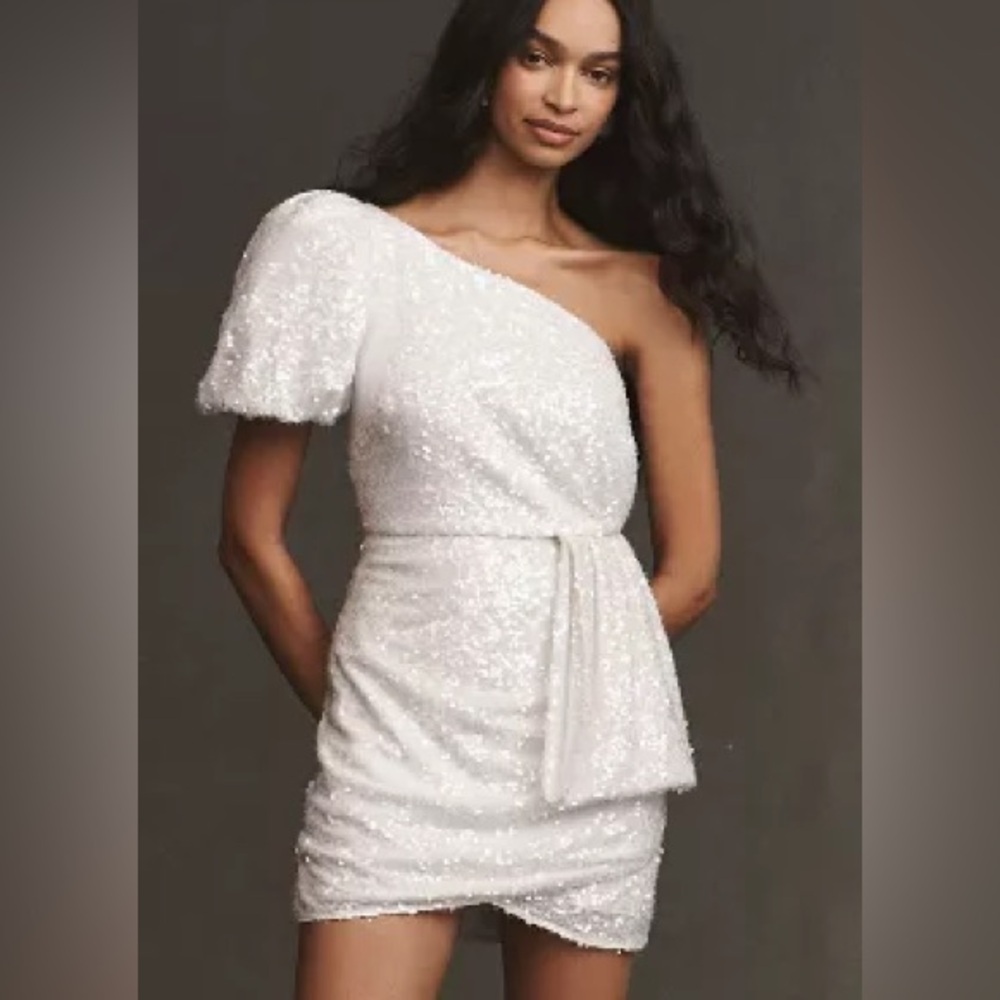 SACHIN & BABI DOVA PUFFED ONE-SHOULDER SEQUIN BOW TRAIN WRAP MINI DRESS
